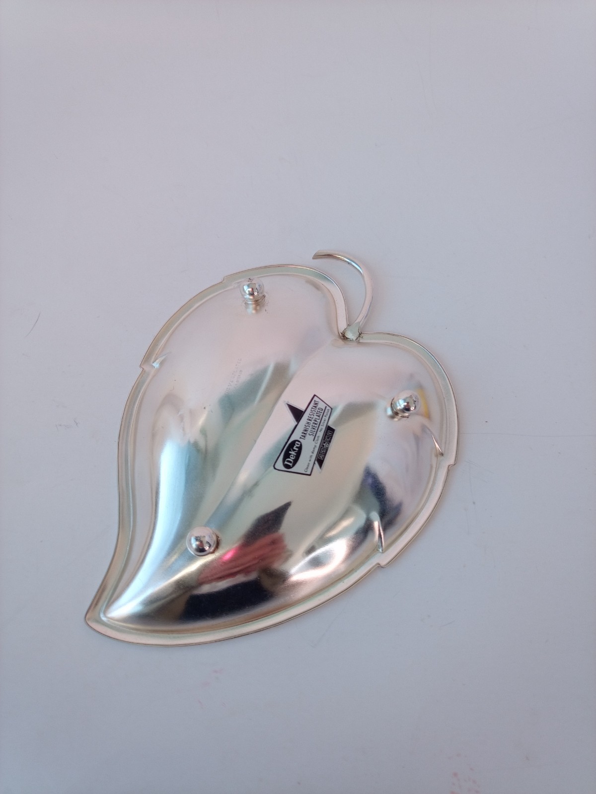 Vintage MCM Dekra Silver Plated BLUE ENAMEL Dish Bowl Leaf Shaped 7"