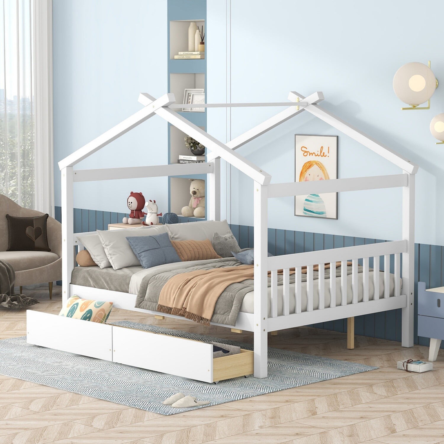 Full Size Daybed Wood Bed Frame Sofa Bed with 2 Drawers  White/Natural