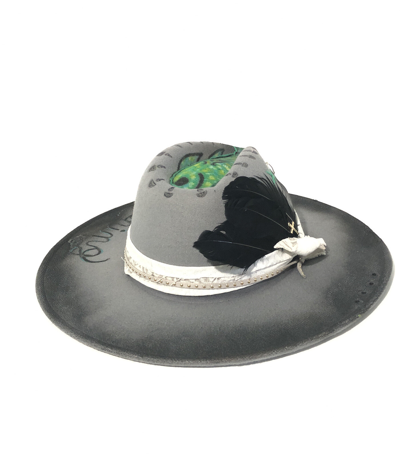 Tazzle’s 1of1 Womens Custom Western Wide Brim Hat-Gray “gone Fishing” & Feather