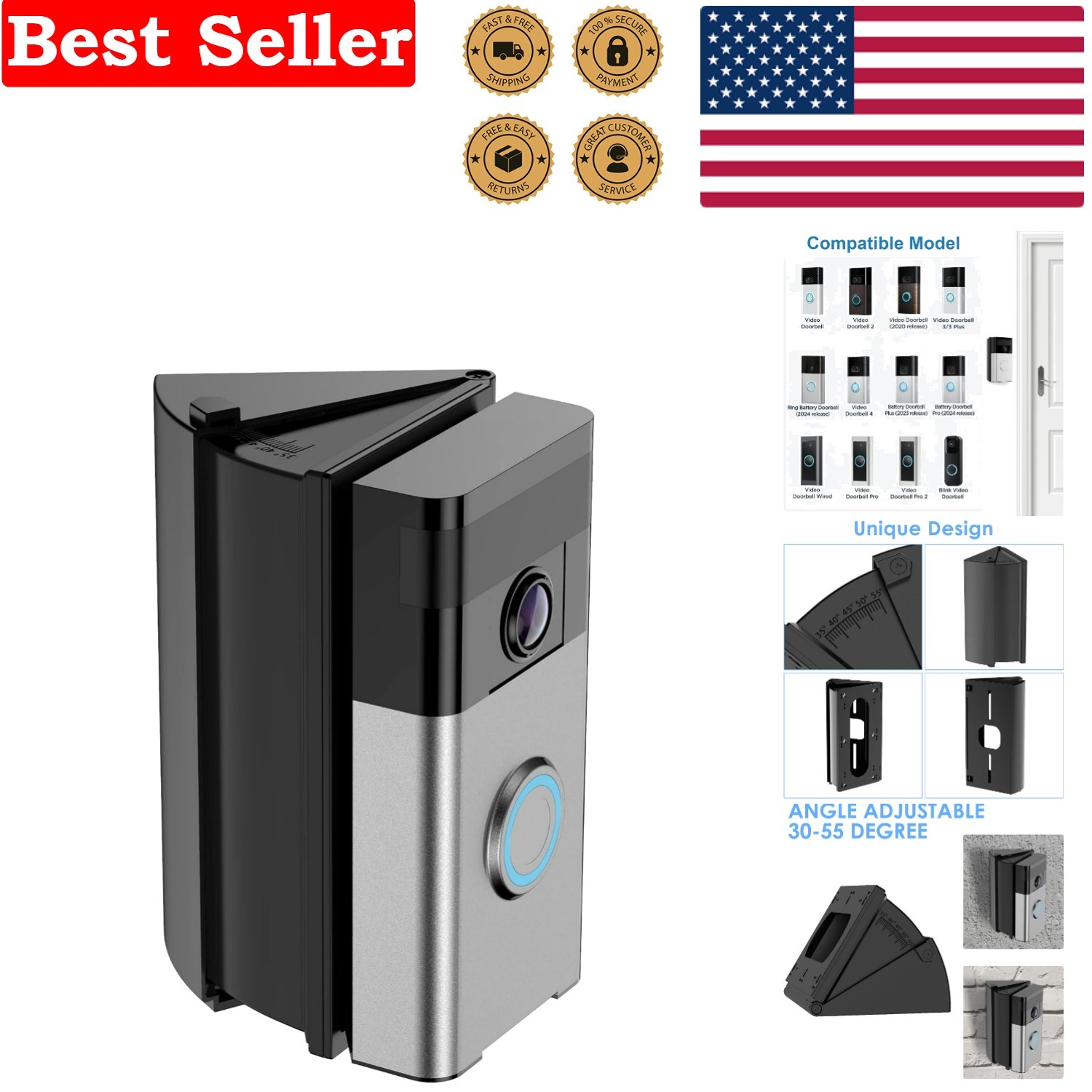 30 to 55 Degree Doorbell Mount | Compatible with Ring & Blink Systems