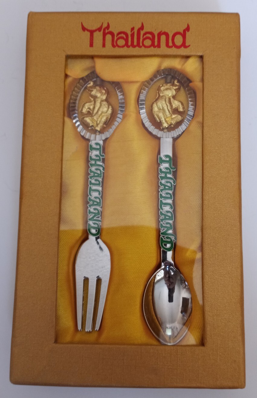 NEW Thailand Silver Dessert Fork & Spoon Set W/ Gold Spinning Elephant On Top