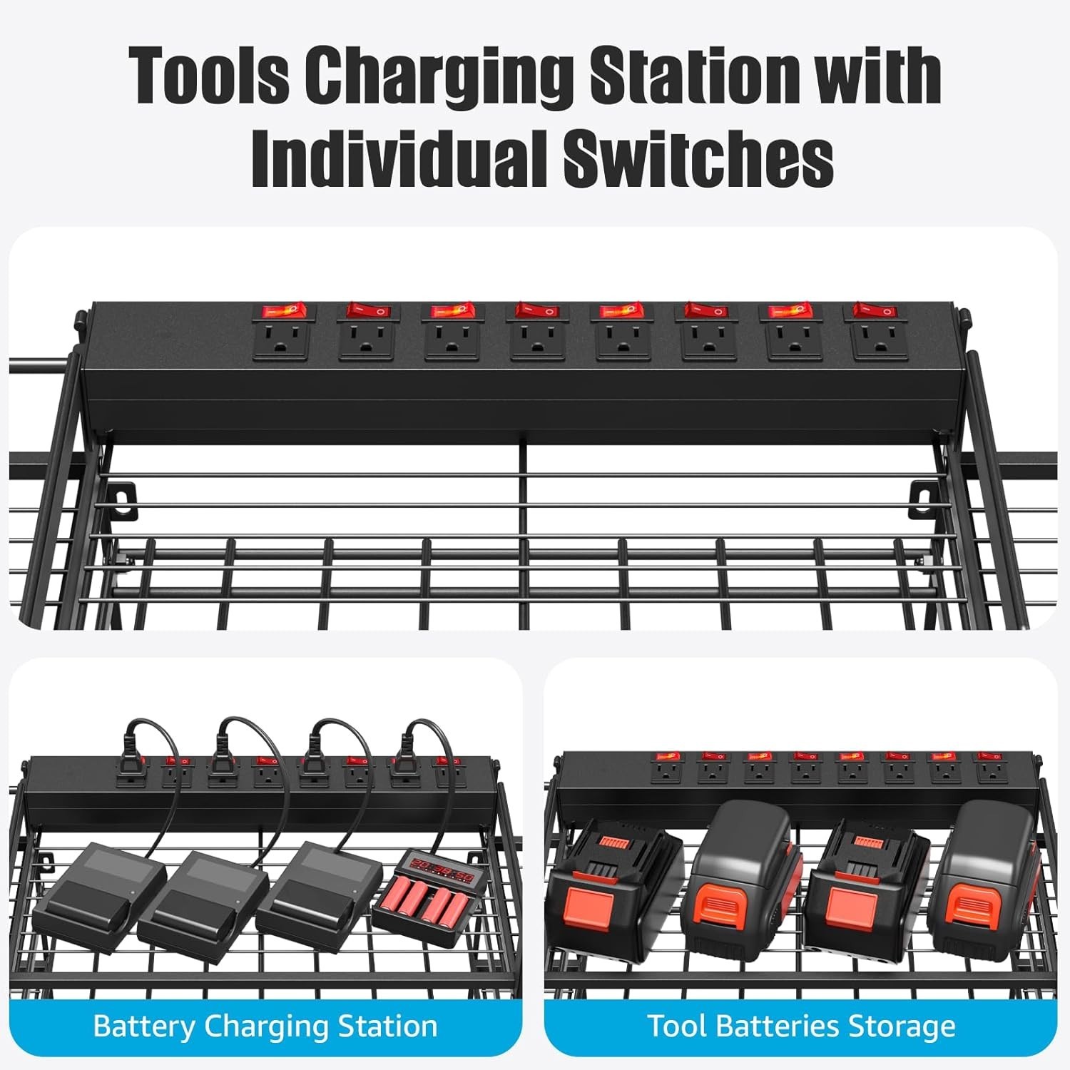 Black Power Tool Organizer Wall Mount, Large Tools and Battery Storage Rack C...