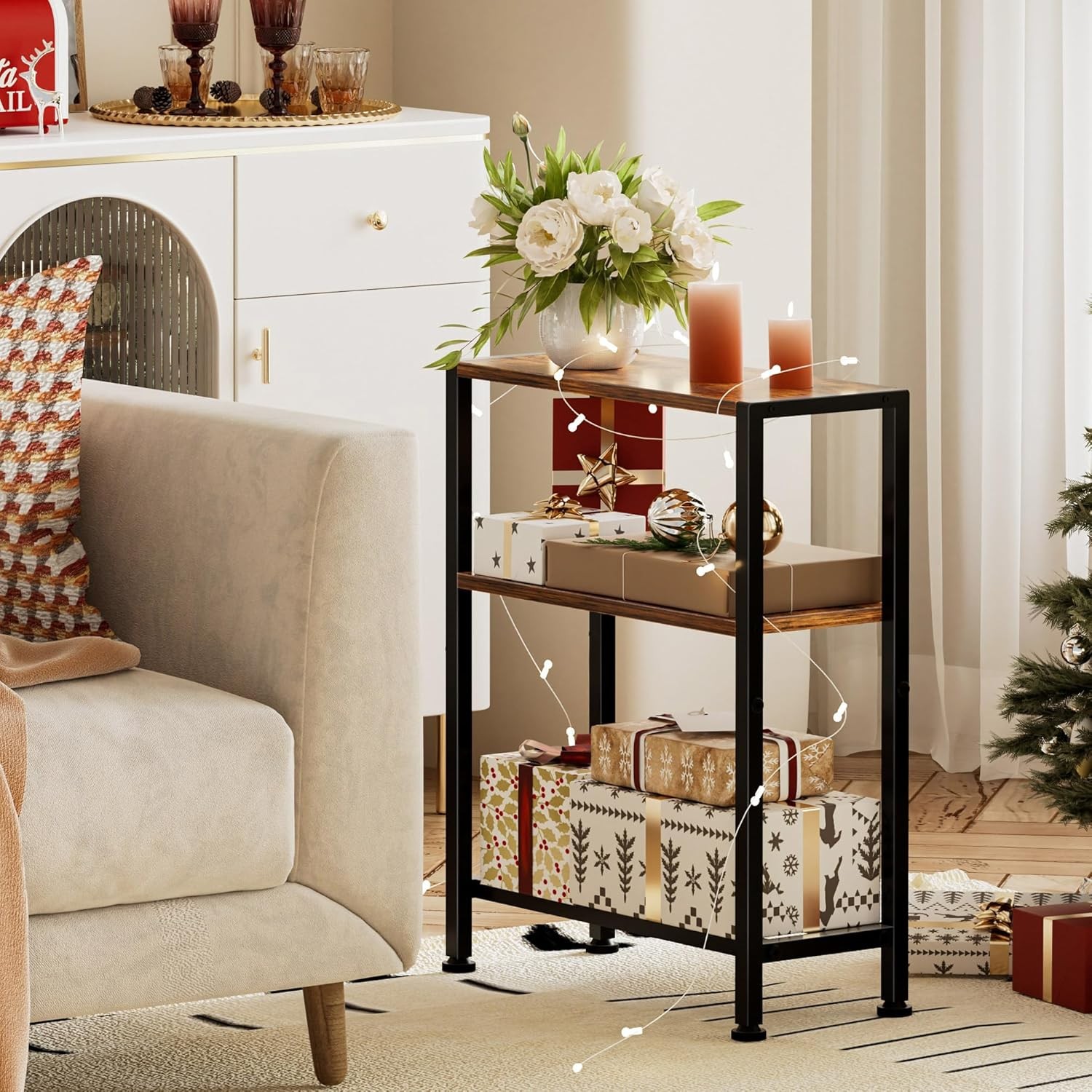 Narrow Side Table Small Space 2-Tier Small End Table W/ Shelf Holder Slim