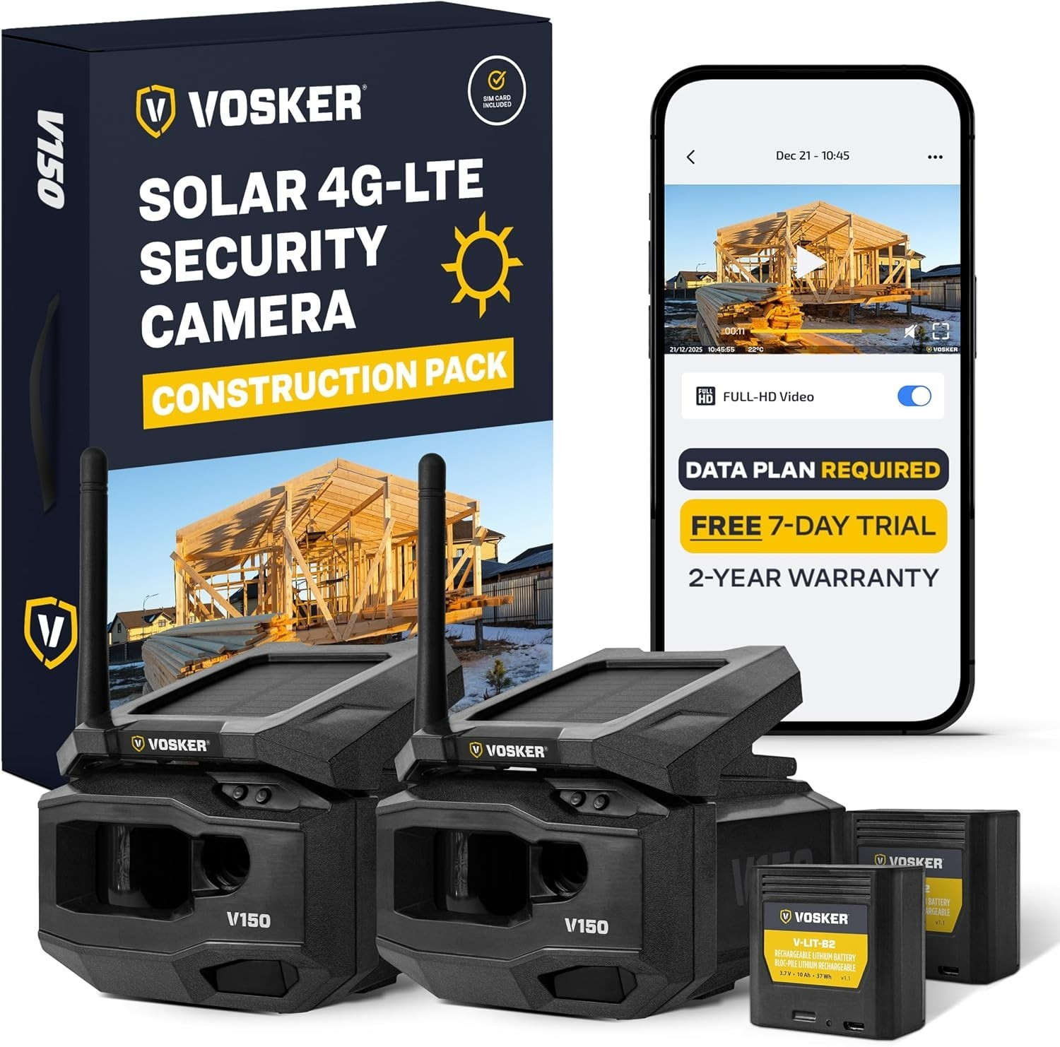 NEW Vosker V150 Construction Pack Solar Powered 4G LTE Security Cameras (2 Pack)