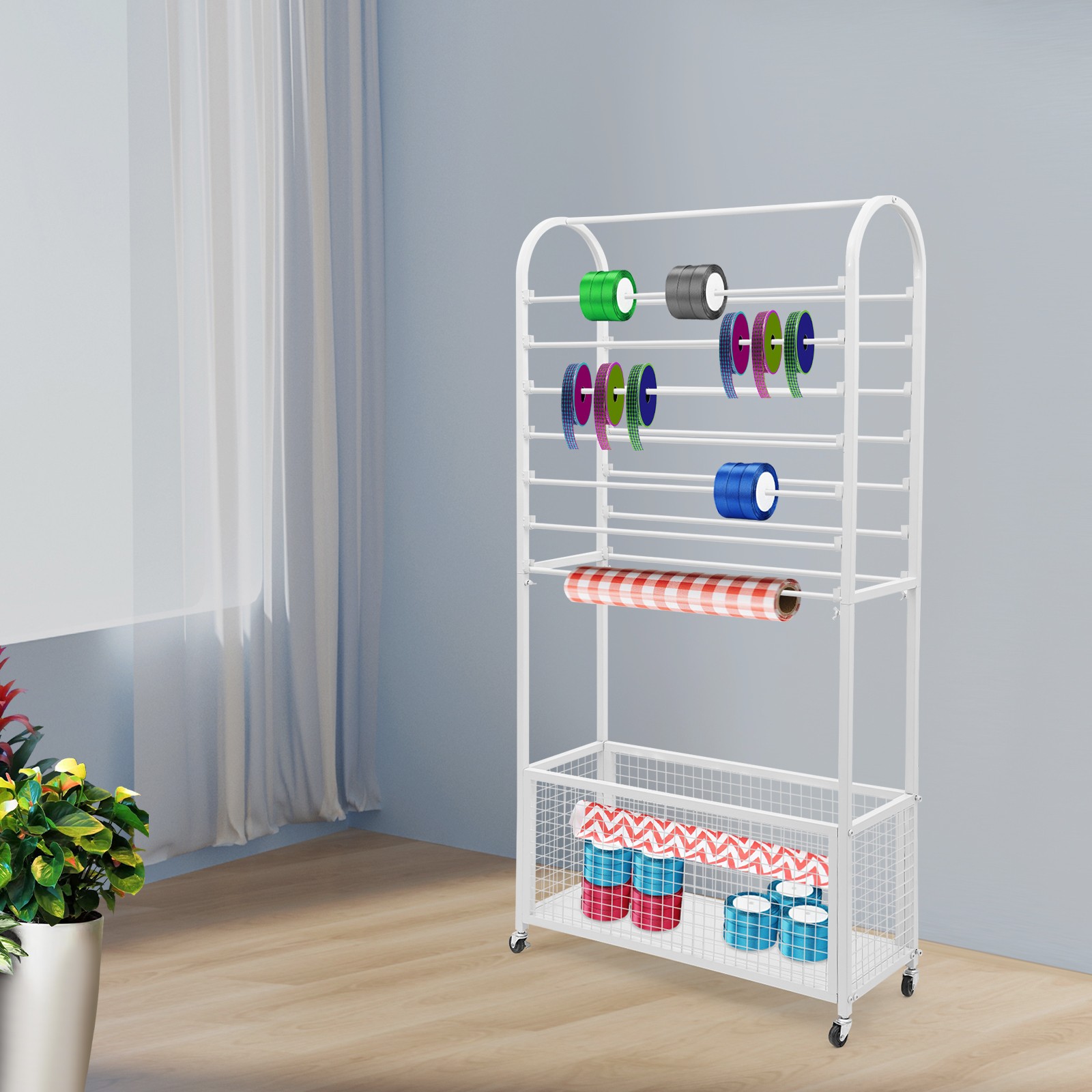 Double-Sided Ribbon Holder, White Ribbon Organizer, Ribbon Storage Display Rack