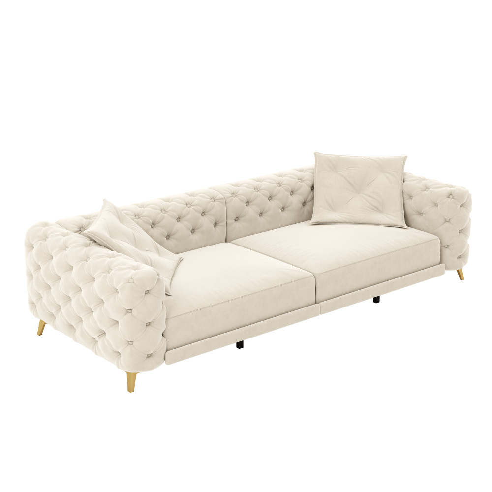 Convertible Sleeper Sofa Bed w Ottoman, Seats 4, Velvet, Beige/White
