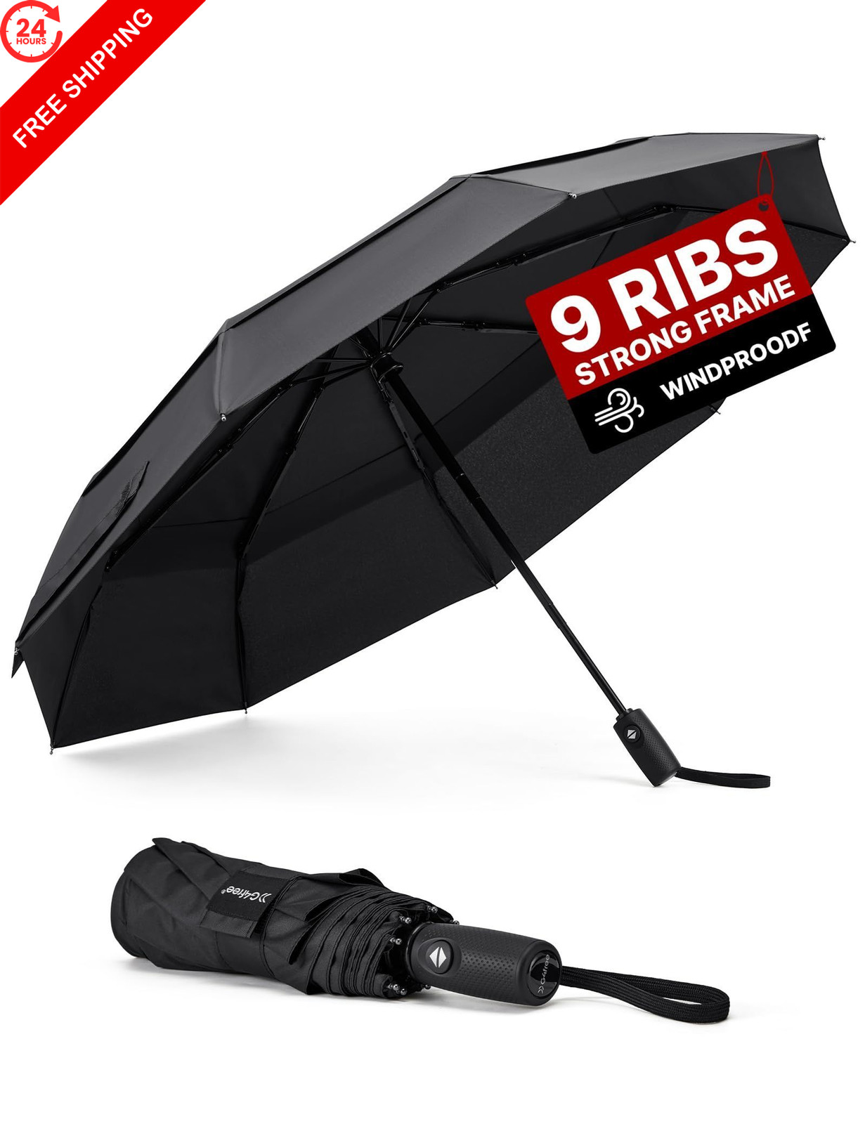 G4Free 42 Inch Travel Umbrella, Compact Vented Windproof 42 inch, Black