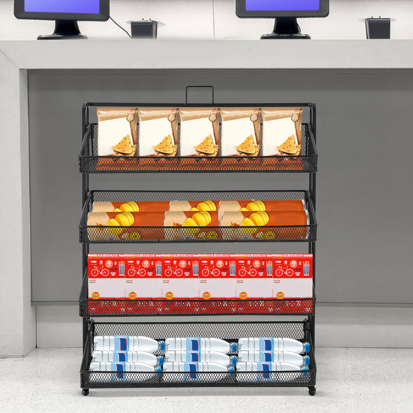 4 Tiers Display Rack Stand Iron Retail Snacks Food Candy Shelf Organizer Black