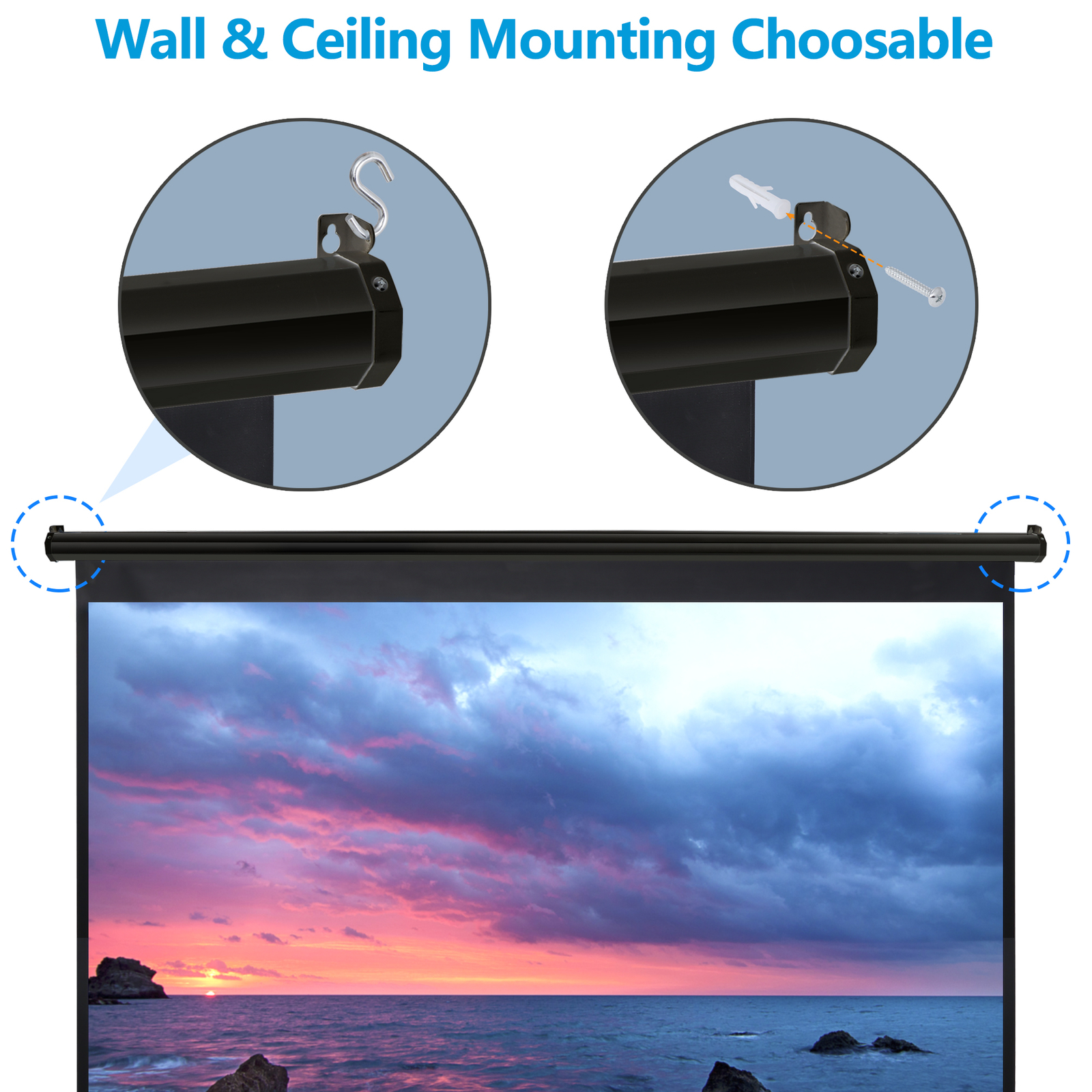 Outdoor Projector Screen Pull Down 80" 16:9 HD Ceiling Projection Screen Black