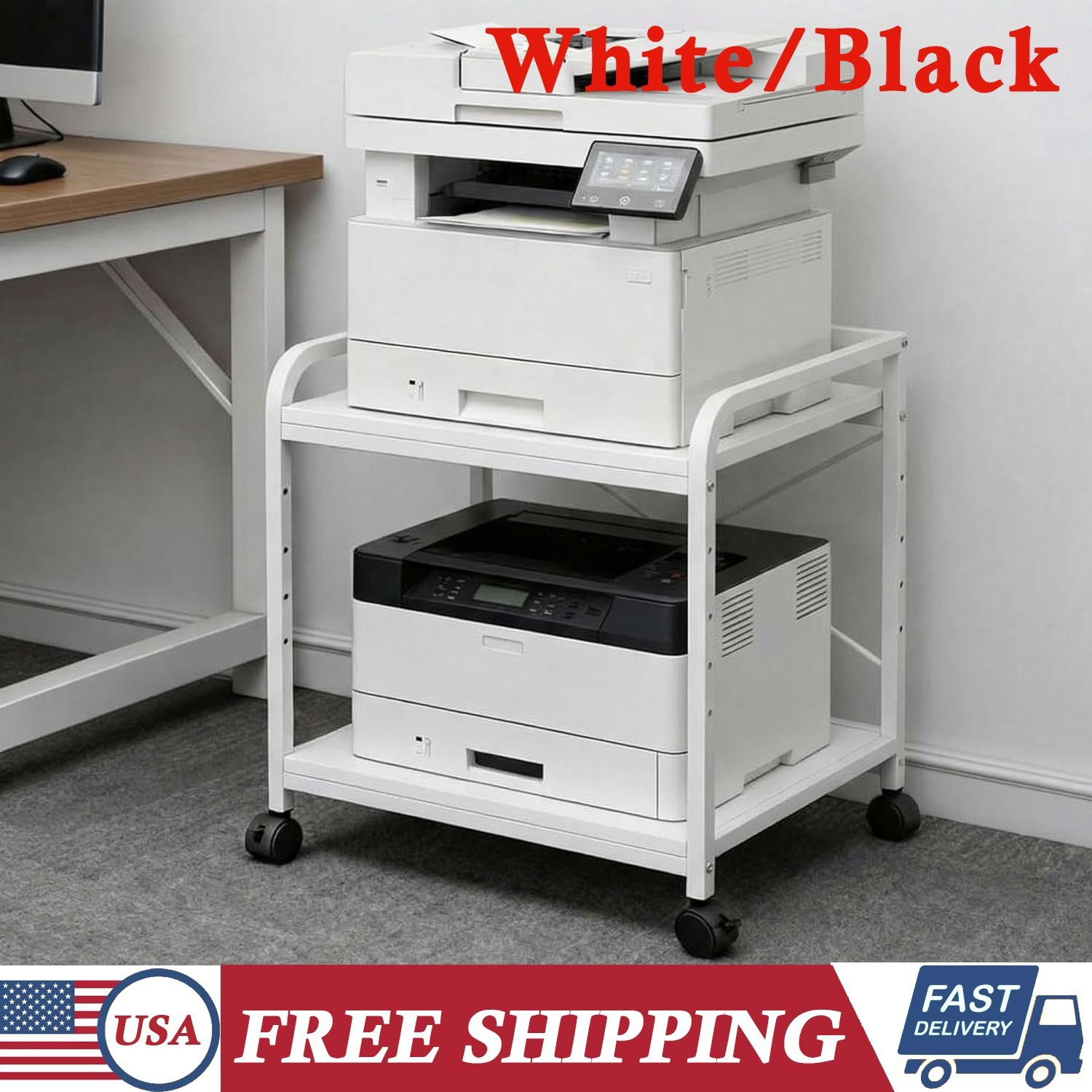 Under Desk Printer Stand 2-Tier Rolling Printer Cart 20'' D Mobile Printer Table