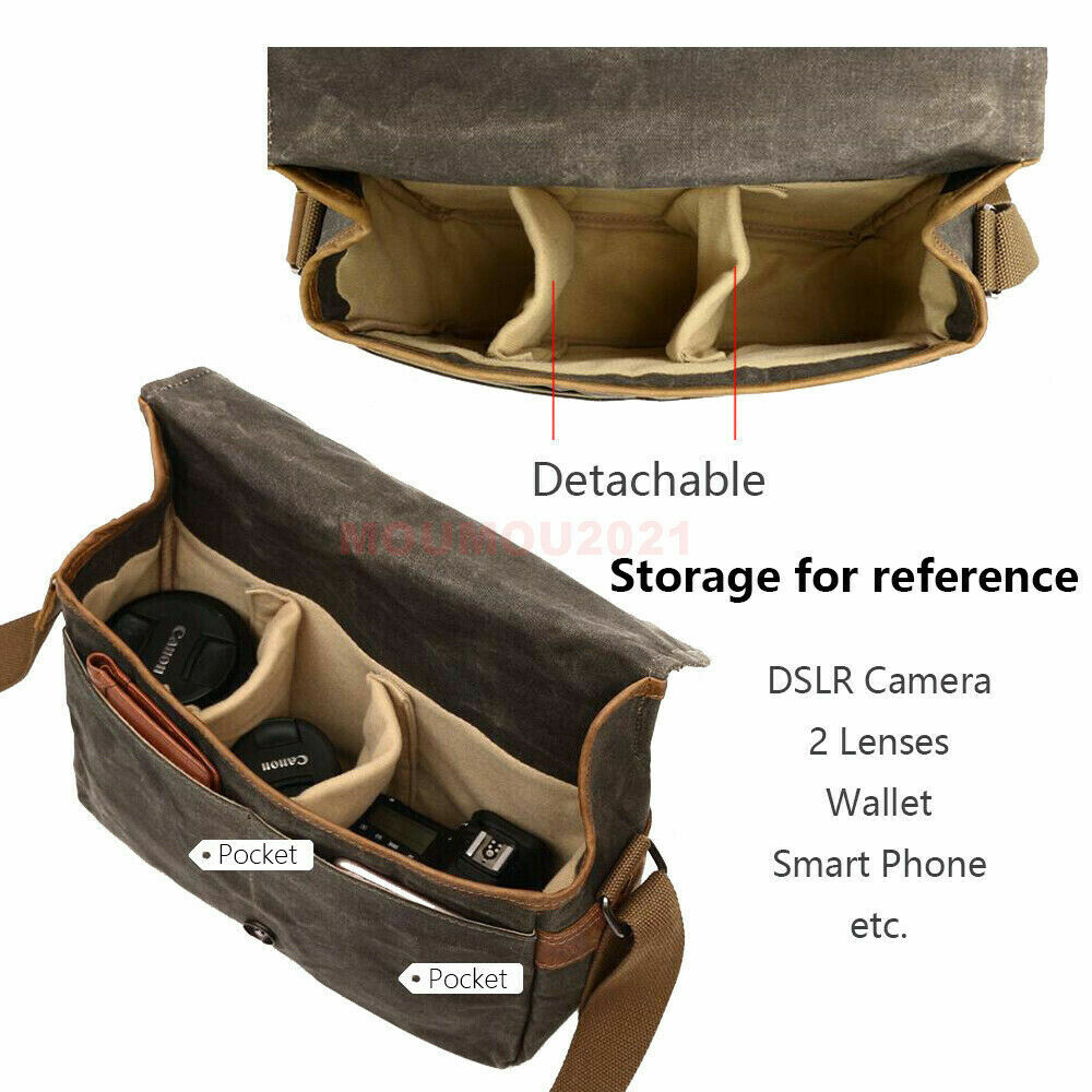 Vintage Waterproof Canvas Leather Trim DSLR SLR Shockproof Camera Messenger Bag