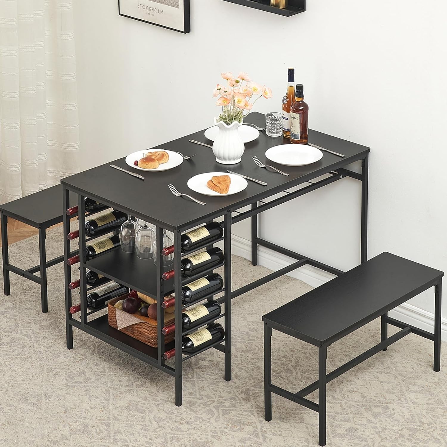 Dining Table Set, Rectangular Kitchen Table w 2 Benches,Wine Rack&Storage Shelf