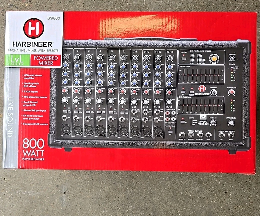 Harbinger 800W Powered Mixer 14-Channel LP9800 48v Phantom Power