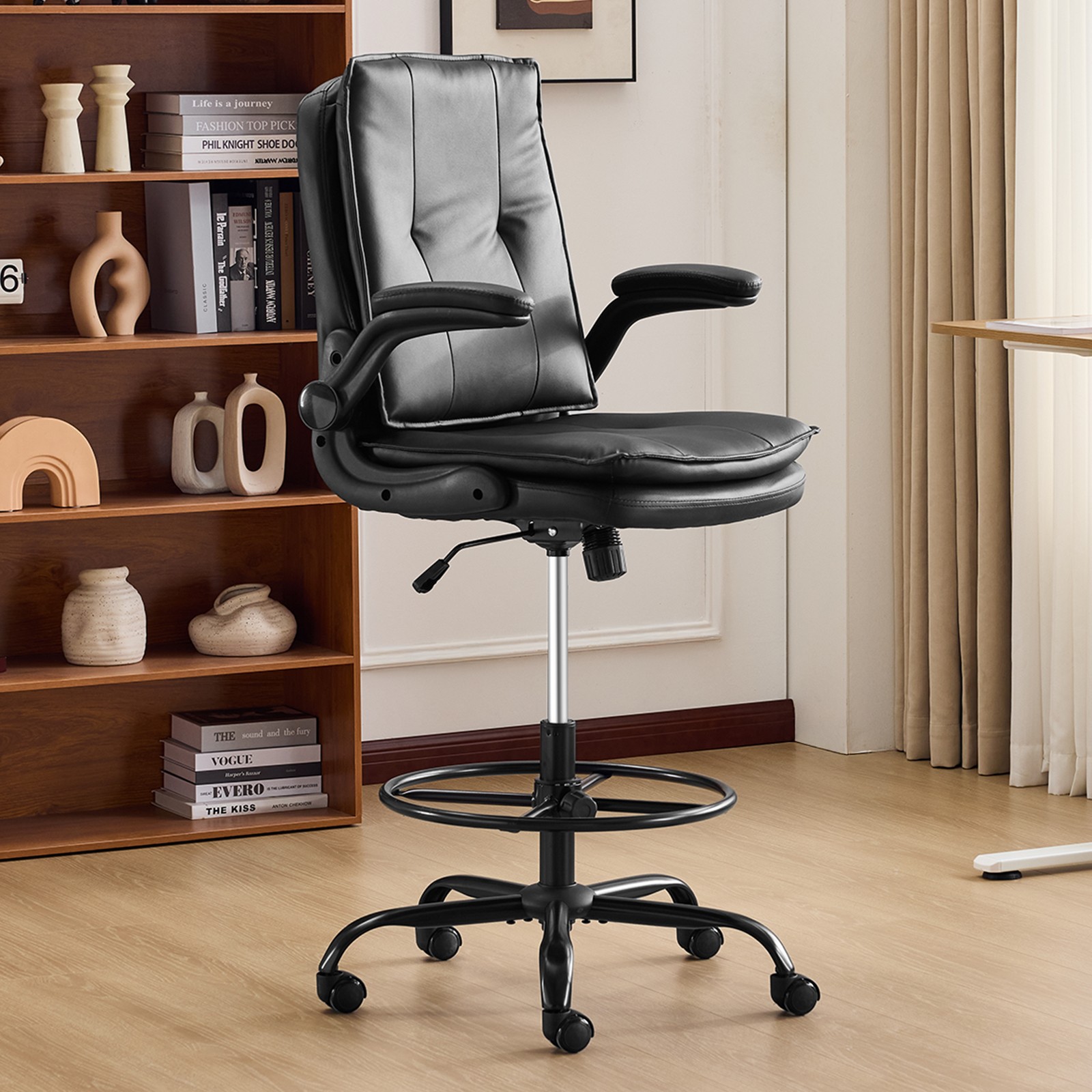 Drafting Chair Tall Office Chair with Padded Flip-up Armrests Executive Black