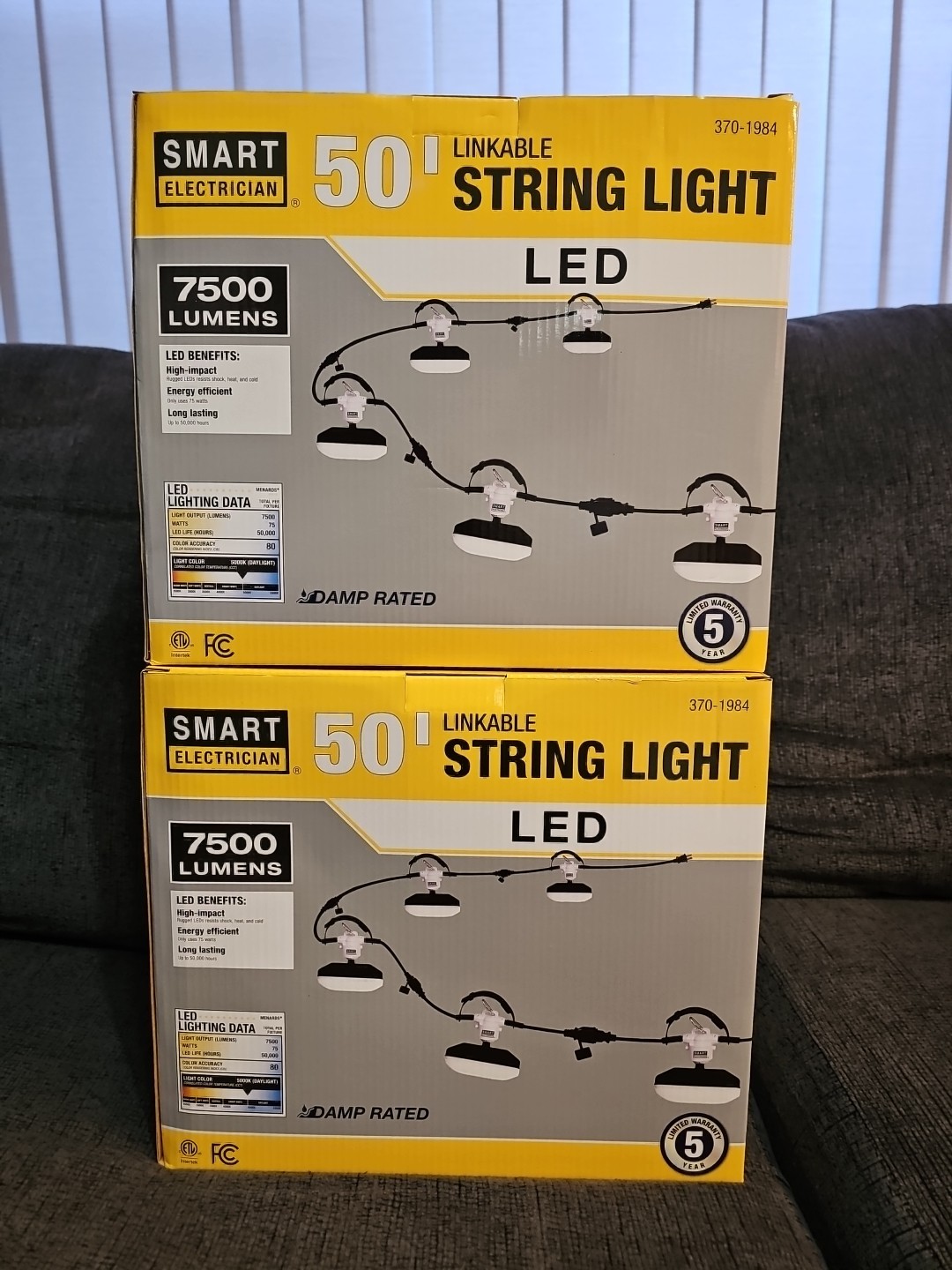 2x 50FT Led Work Light 7,500LM Waterproof Construction String Lights Linkable