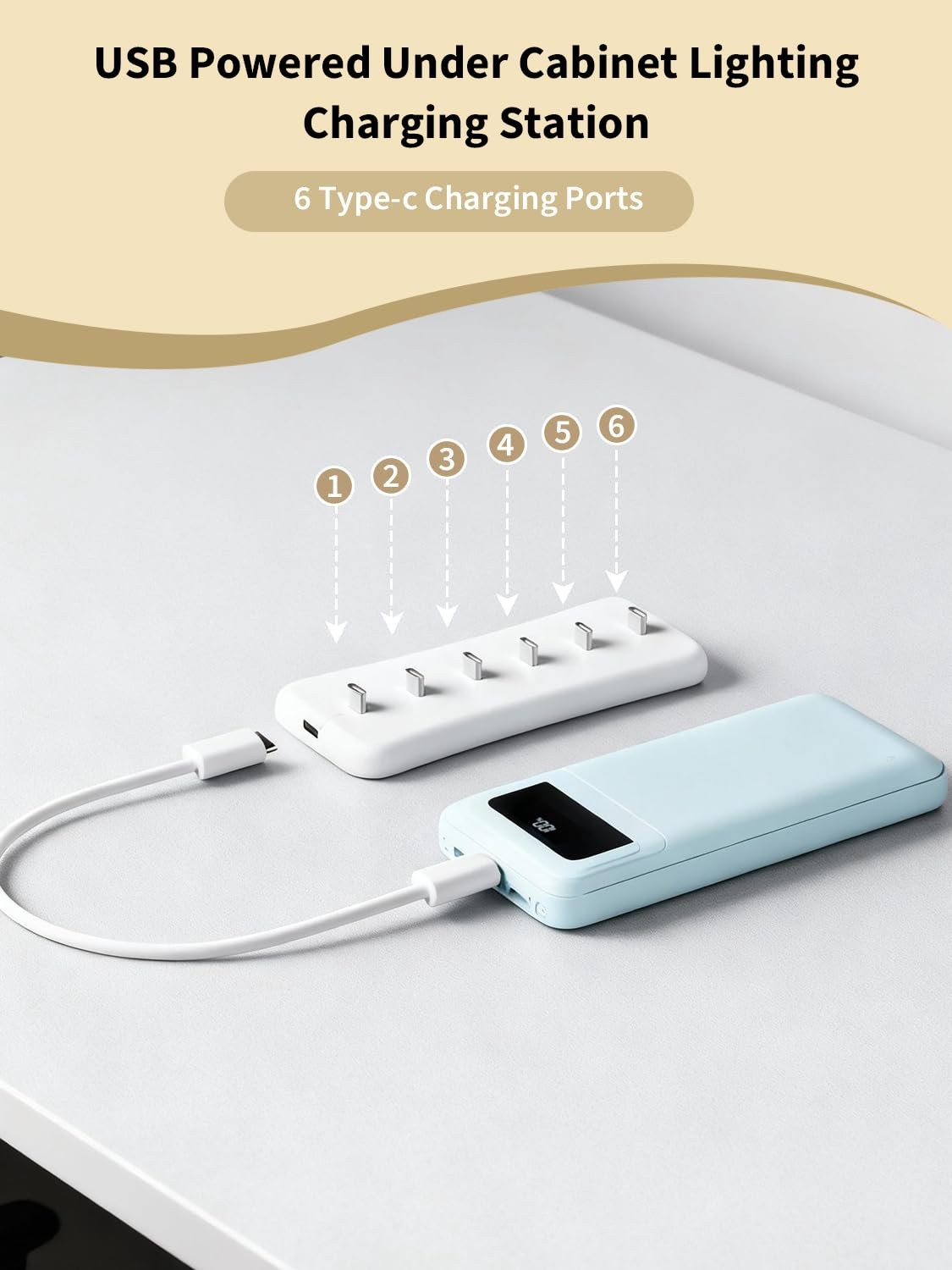 USB Under Cabinet Light Charging Station 6 TypeC Ports Motion Sensor Base