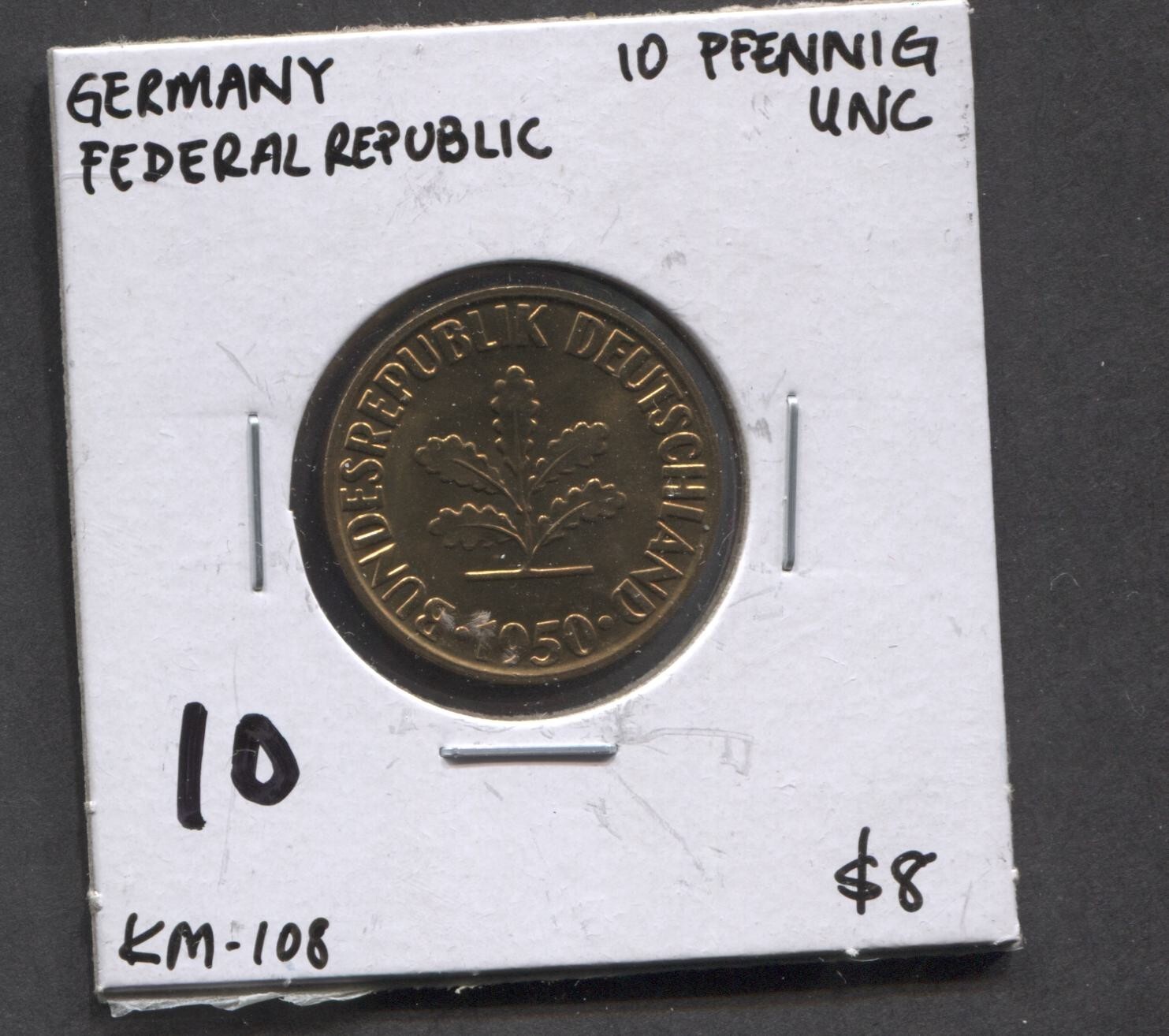 1950-Germany Federal Republic-10 Pfenning-UNC-KM-108