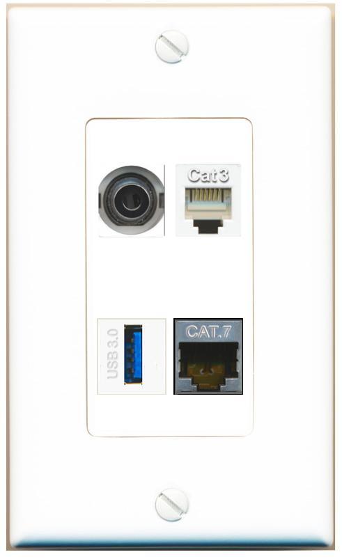 [4 Ports] 3-5MM CAT7 PHONE USB-3 Wall Plate DecorZ White