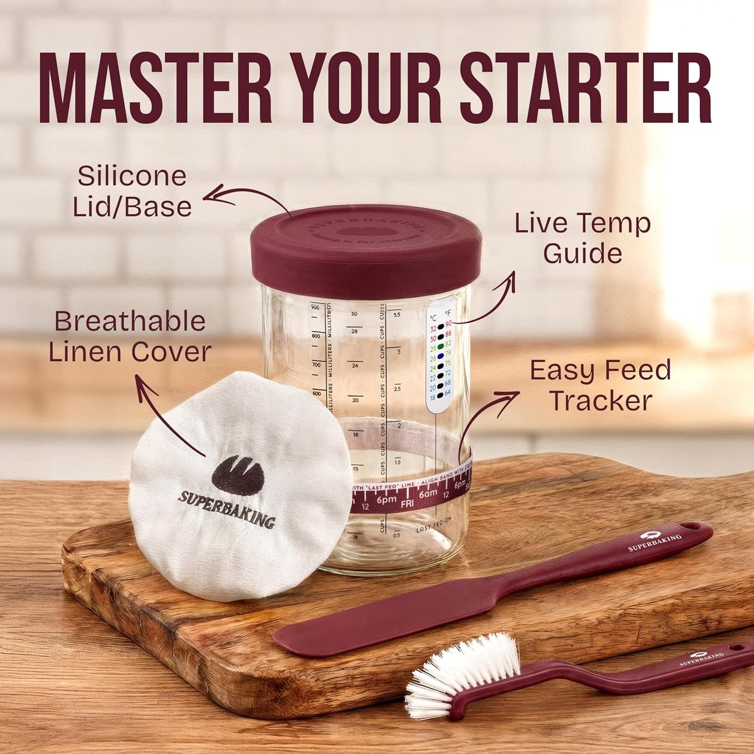 Sourdough Baking Essentials: 9" Splinter-Free Banneton with Starter Jar & Guide