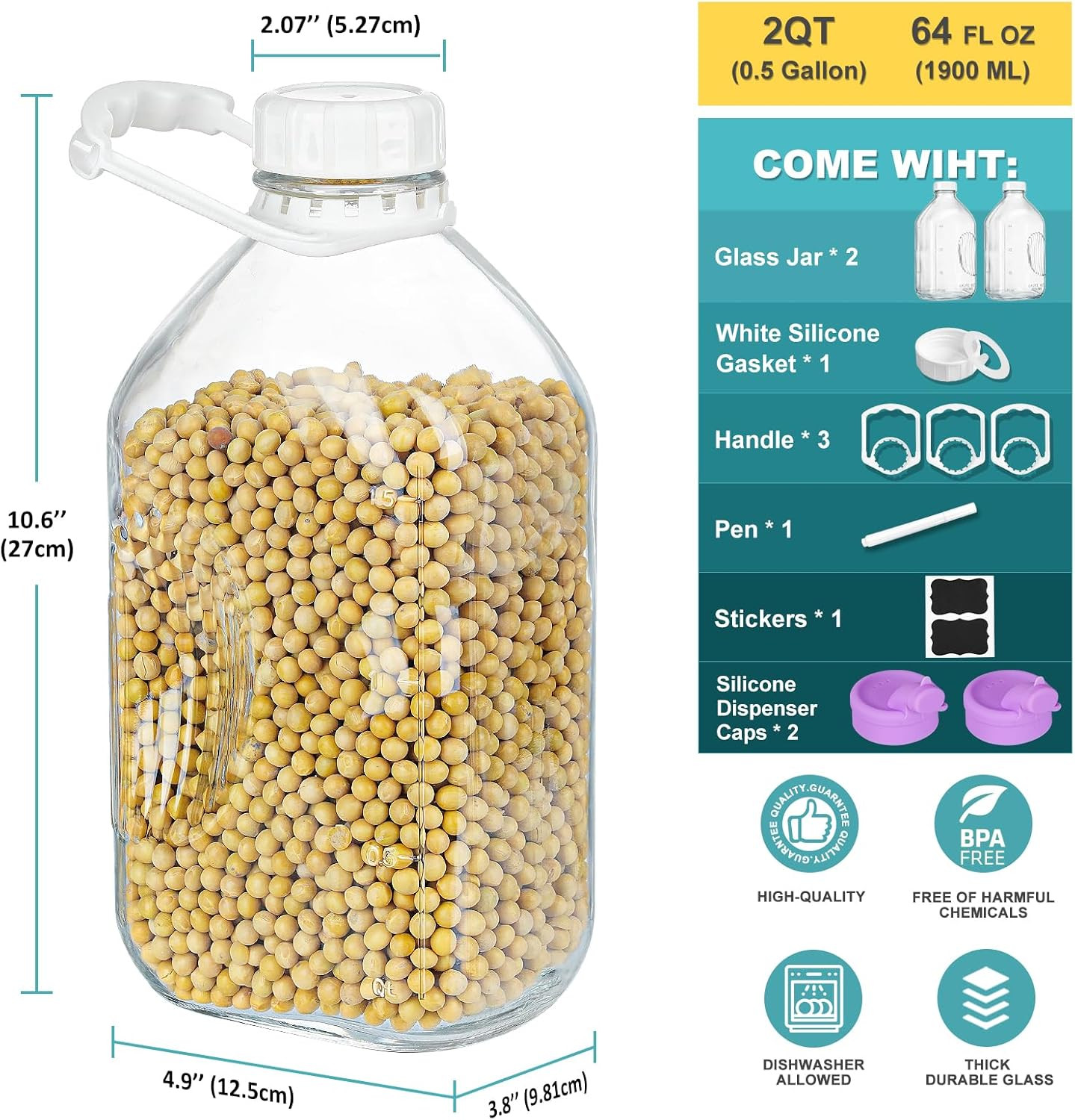 2 Pack 64 Oz Heavy Duty Glass Milk Bottle with 1 Silicone Spout and 3 Reusable A