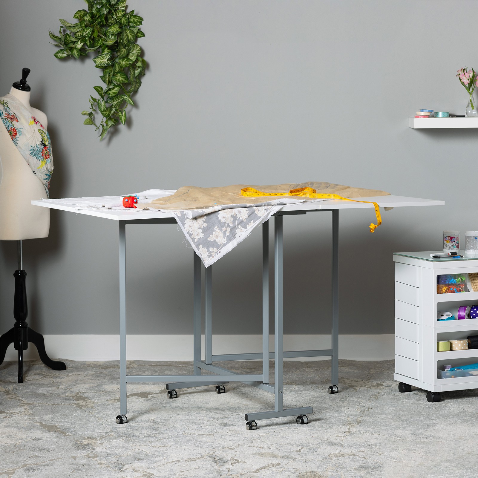 Sew Ready Folding Craft and Cutting Standing Table with Wheels, Silver/White