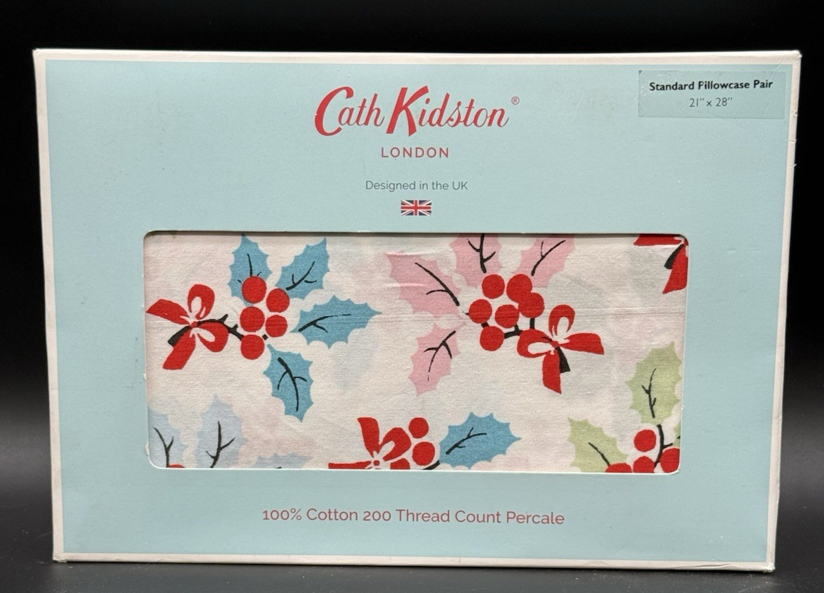 Cath Kidston London Cotton CHRISTMAS HOLLY Pillowcase/Sham STANDARD Set of 2 NIB