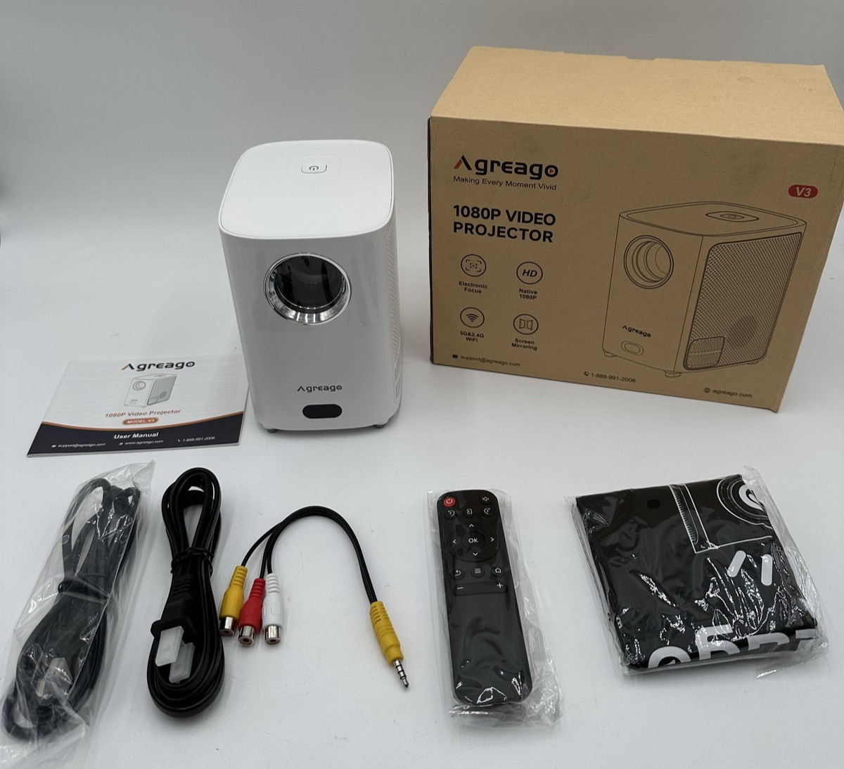 Agreago Projector V3 - 1080P HD - 15000 Lumens - WiFi Bluetooth - White