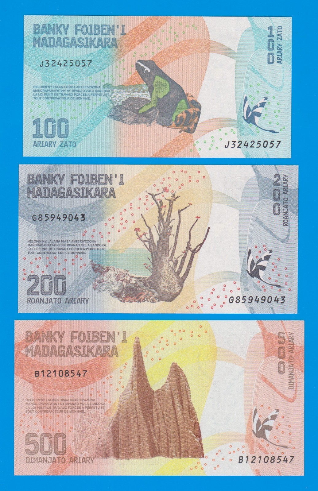 3 Notes !! Madagascar, 100 + 200 + 500 Ariary, 2017, P 97, 98, 99, ALL UNC