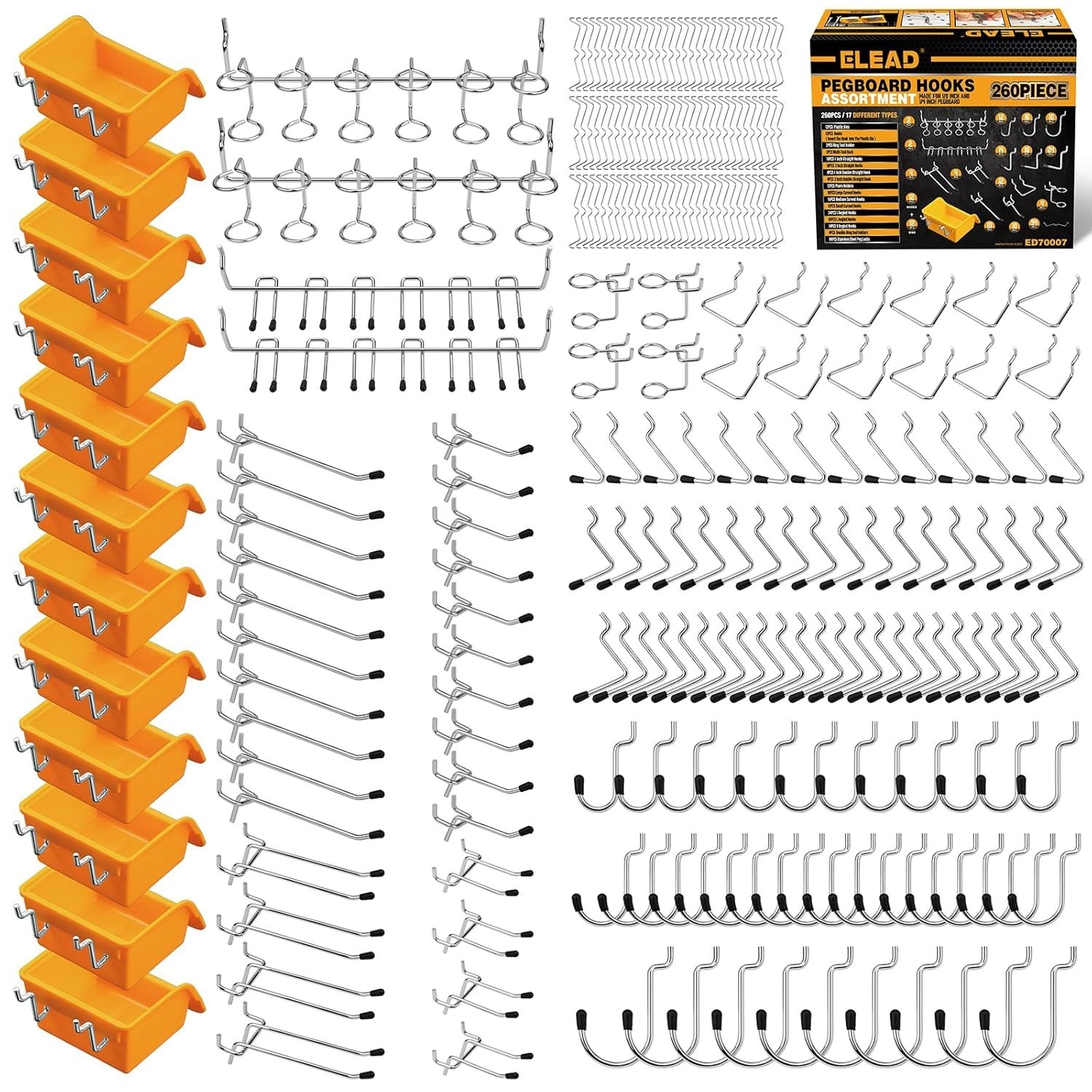 260 Piece Pegboard Hooks 1/8 and 1/4 Inch Peg Board Organizer Accessories with P