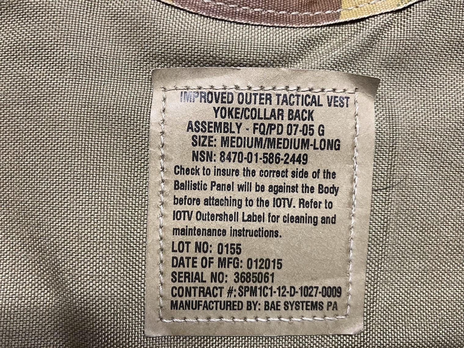 Improved Outer Tactical Vest Yoke/ Collar Back Assembly, Snaps Multicam/ Med