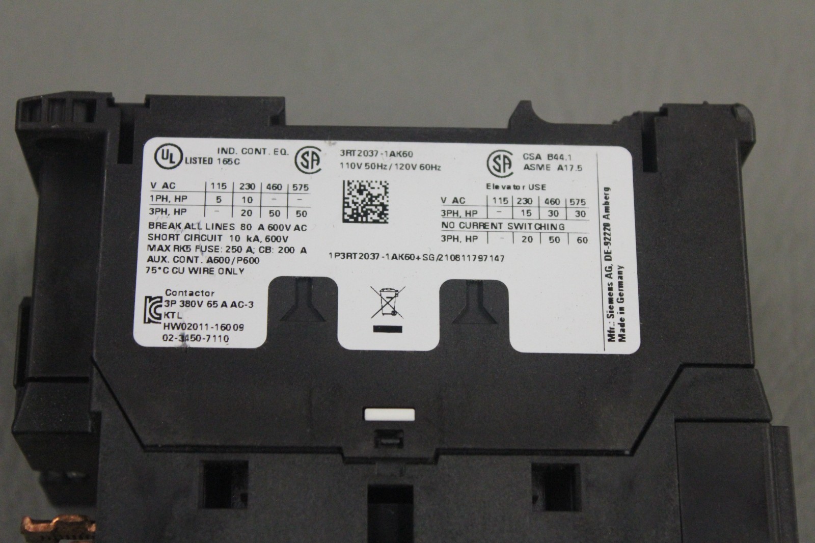 SIEMENS SIRIUS 3RT2037-1AK60 CONTACTOR MODULE