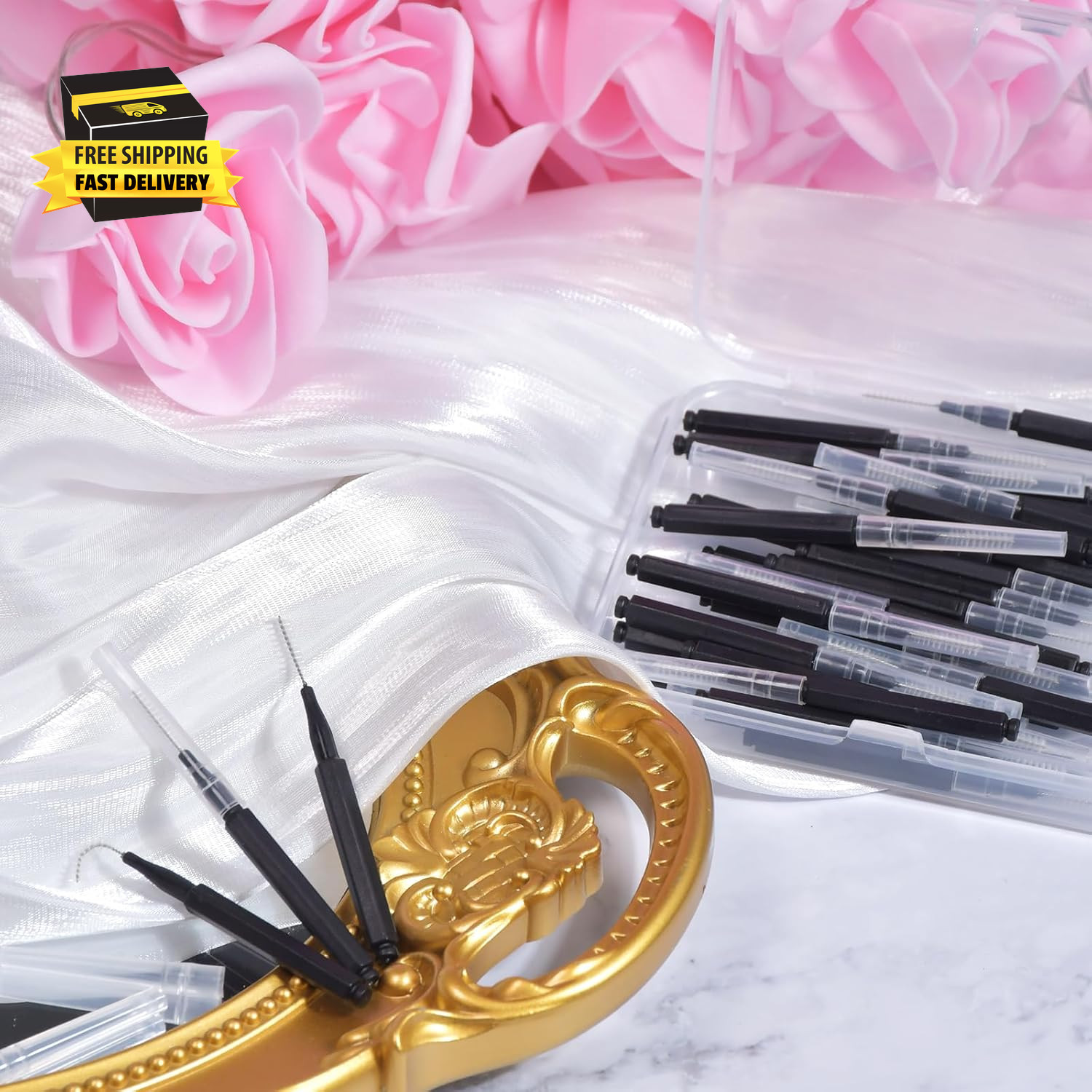 40Pcs Micro Eyebrow Brush with Cap, Brow Lamination Brush Spoolies for Eyelash &