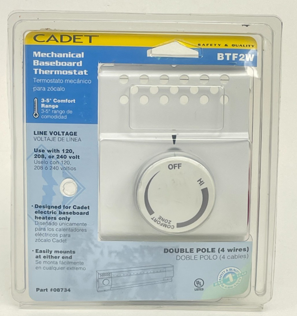 Cadet Double-Pole Electric Baseboard-Mount Mechanical Thermostat in White BTF2W