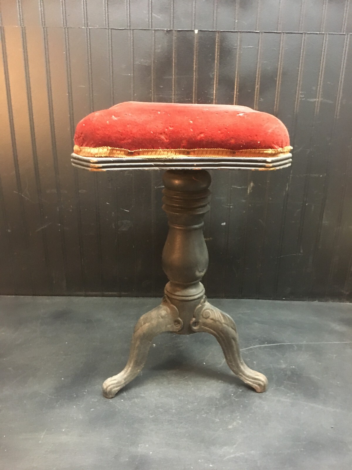 Vintage WOOD PIANO STOOL organ  Victorian Red Felt seat antique Steel Ball Feet