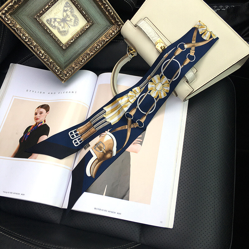 Pure Twill Silk Scarf Ribbon Harness Print Fashion Slim Head Band Necktie 86*5cm