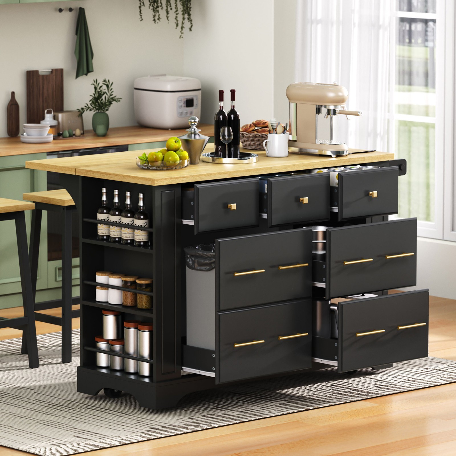 Kitchen Island w/6 Drawers, Pull Out Trash Can Storage, Rolling Kitchen Island