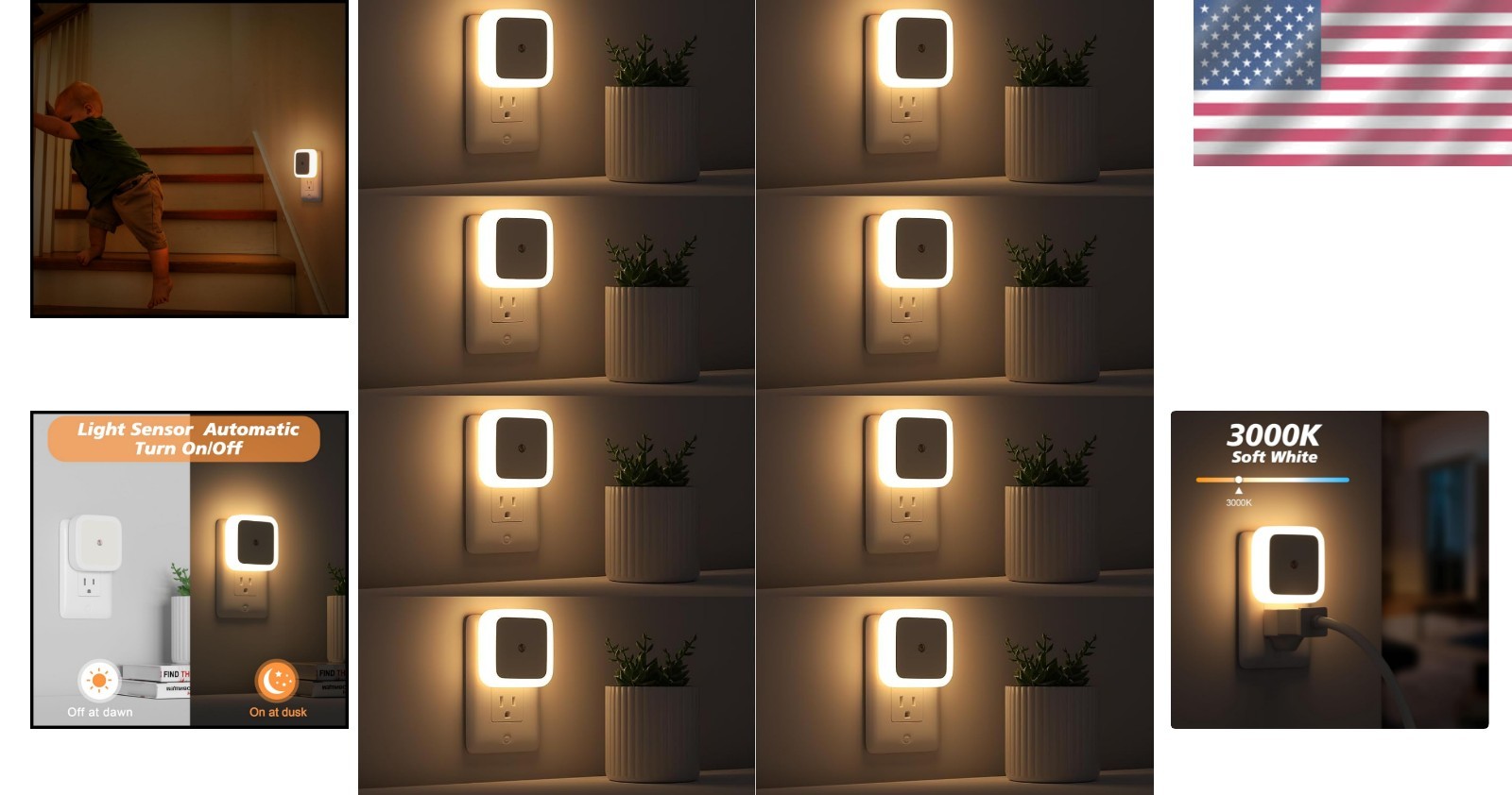 Automatic Dusk to Dawn Sensor Night Lights - 8 Pack Warm White Illumination