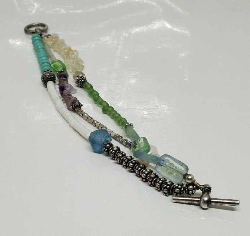 Multistone Teal Blue White Green Multibead Toggle Bracelet 7"