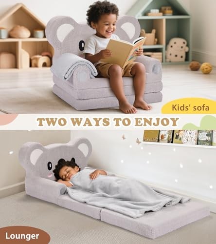 Kids Couch, 2-in-1 Soft Toddler Couch Fold Out with Blanket, Chair Comfy, Koala
