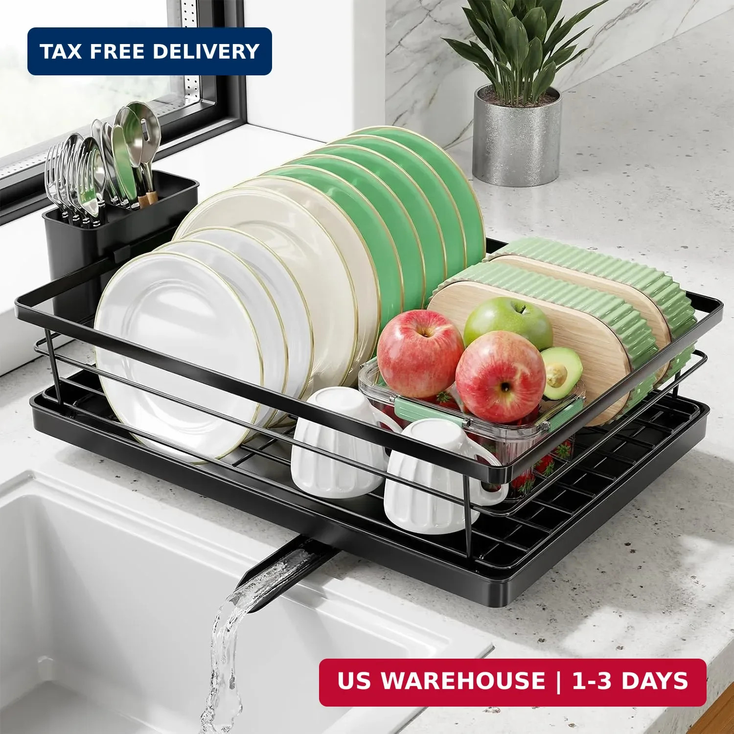 Dish Drying Rack, 12''W x 16''L, Black | Dish Rack for Kitchen Counter, Stainles