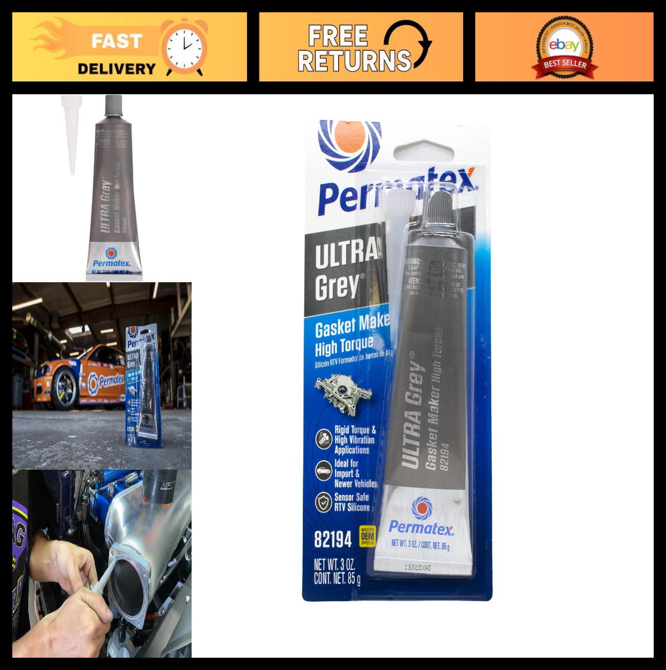 High-Torque RTV Silicone Gasket Maker - Ultra Grey, 3oz Tube, 12-Pack, Engine Se