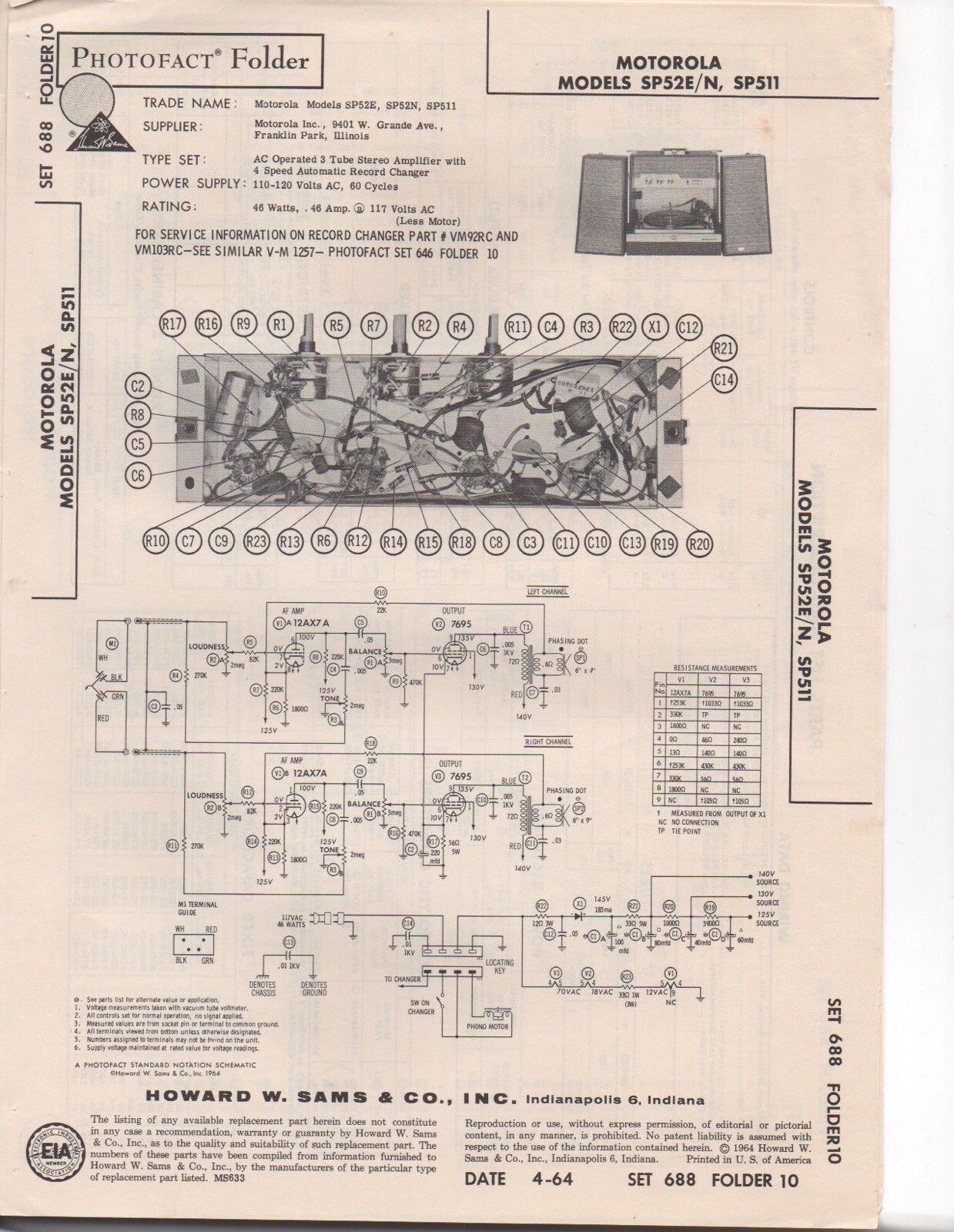 1964 MOTOROLA SP52E SP52N SP511 RECORD CHANGER AMPLIFIER SERVICE MANUAL PLAYER
