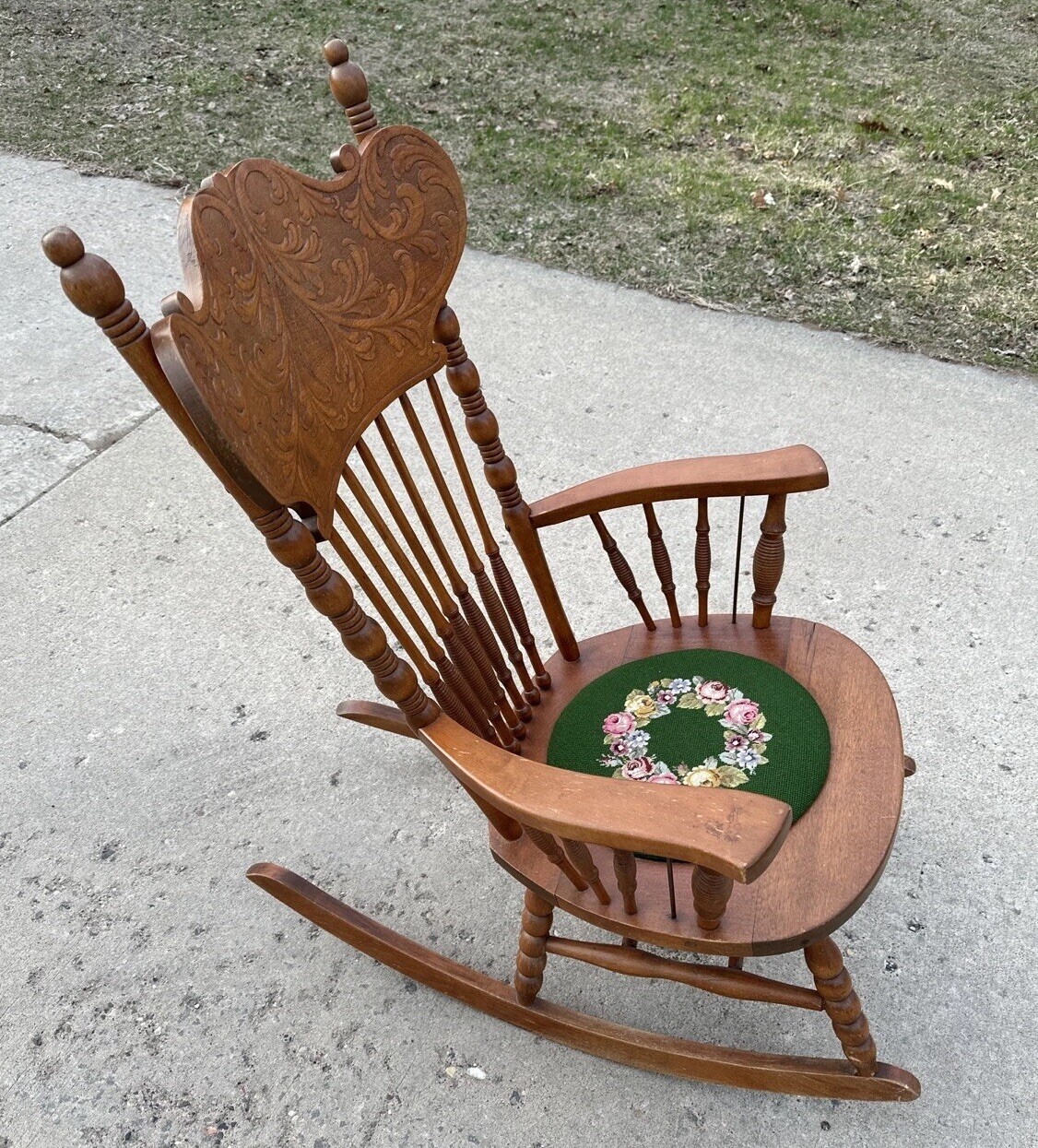 Vintage Victorian Rustic Maple Wood Spindle Back Needlepoint Seat Rocking Chair