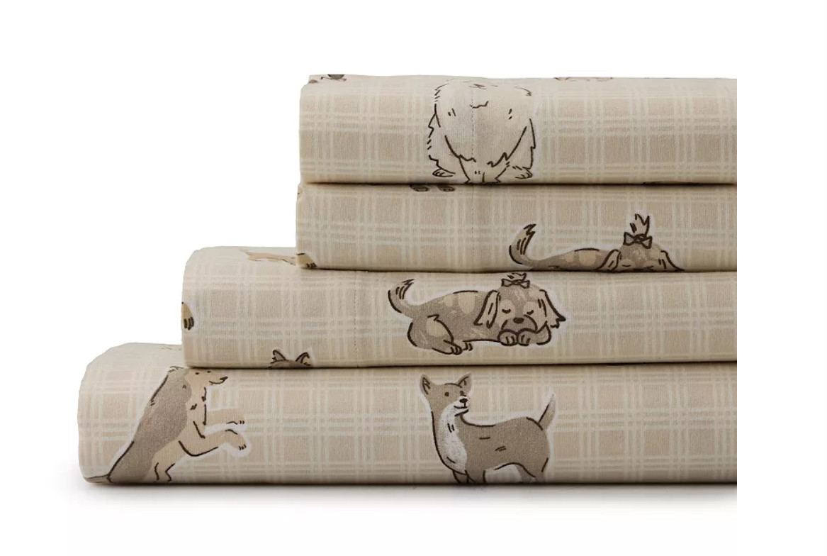 New Cuddl Duds FULL or KING heavyweight flannel 4 piece sheet set Plaid Dogs