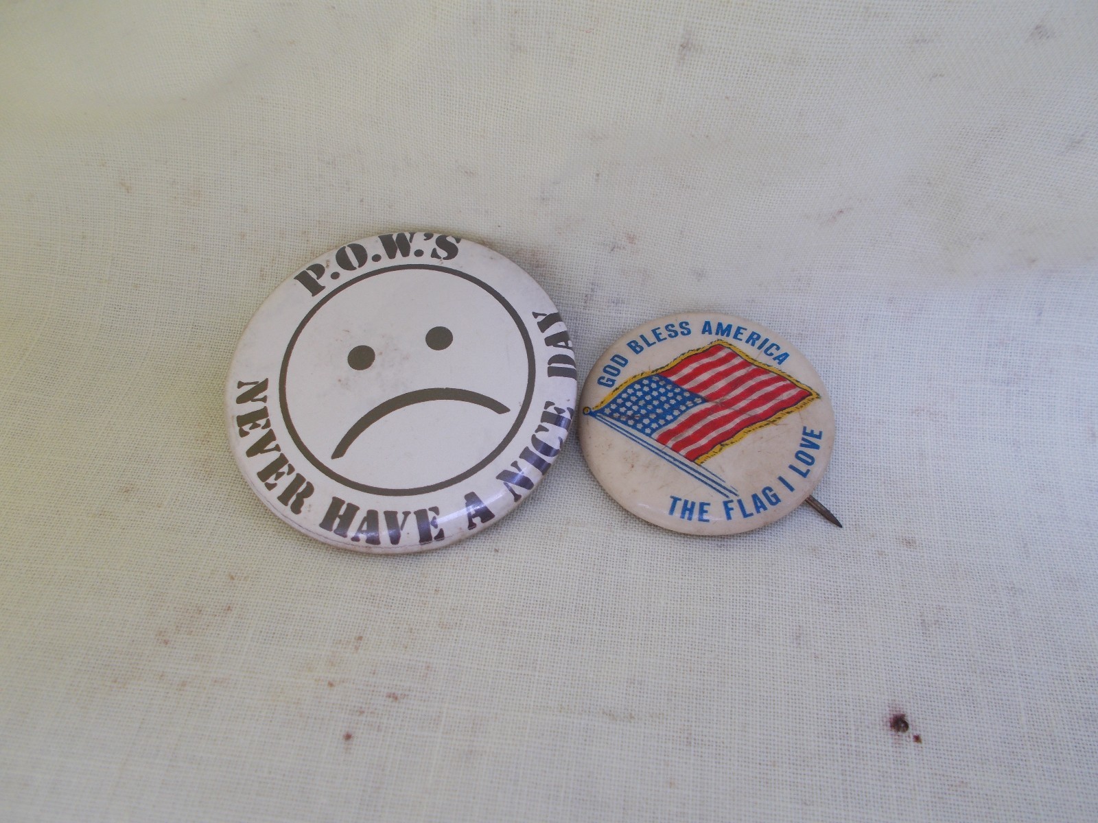 Vintage "P.O.W.'s Never Have a Nice Day" Pin/Button and God Bless American Pin