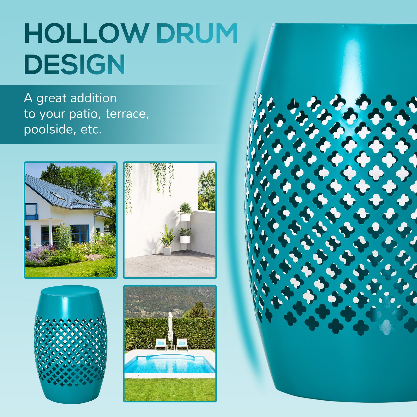 Chic, Modern, Outdoor & Indoor Garden Steel Round Side Table, Hollow Drum, Blue