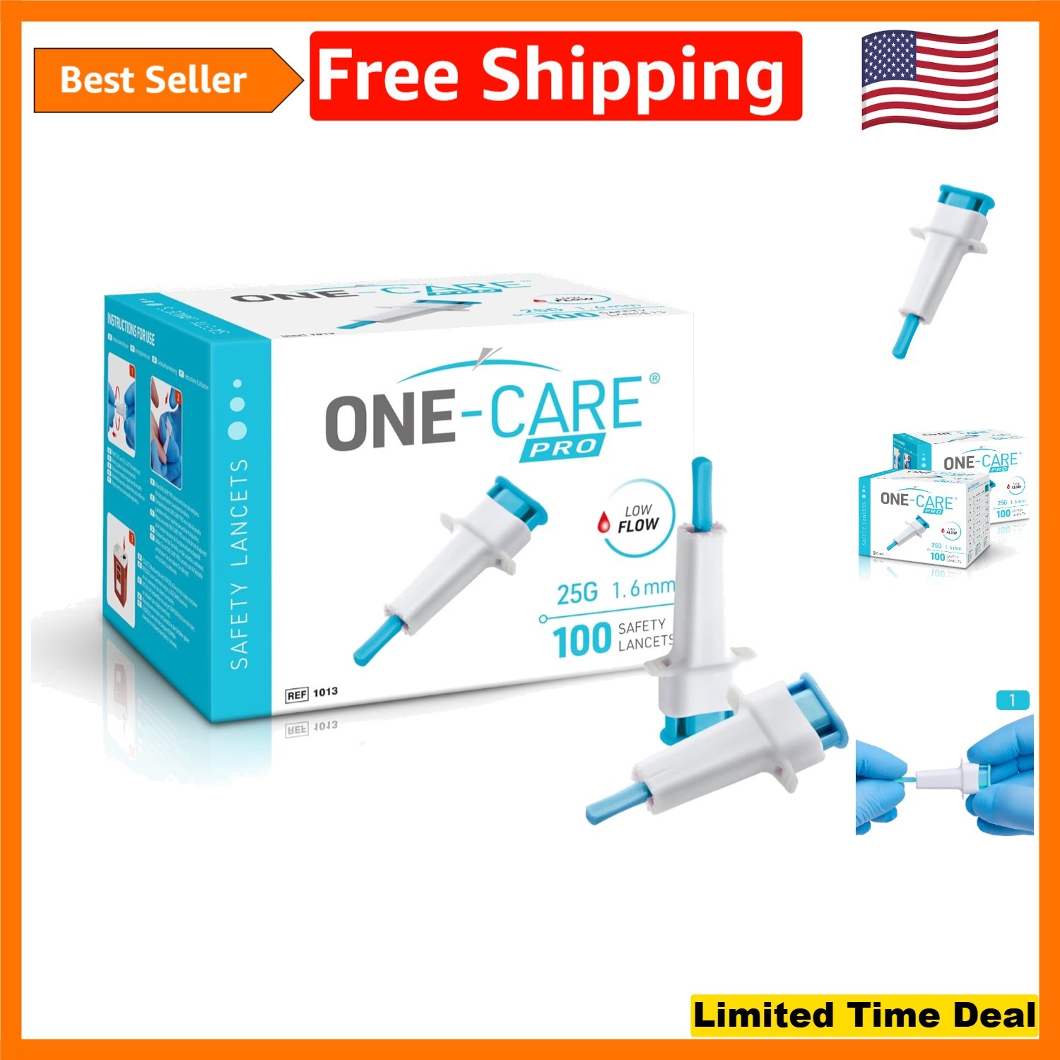 Ergonomic 25G x 1.6mm PRO Safety Lancets - 100 Sterile Gentle Sampling Solutions