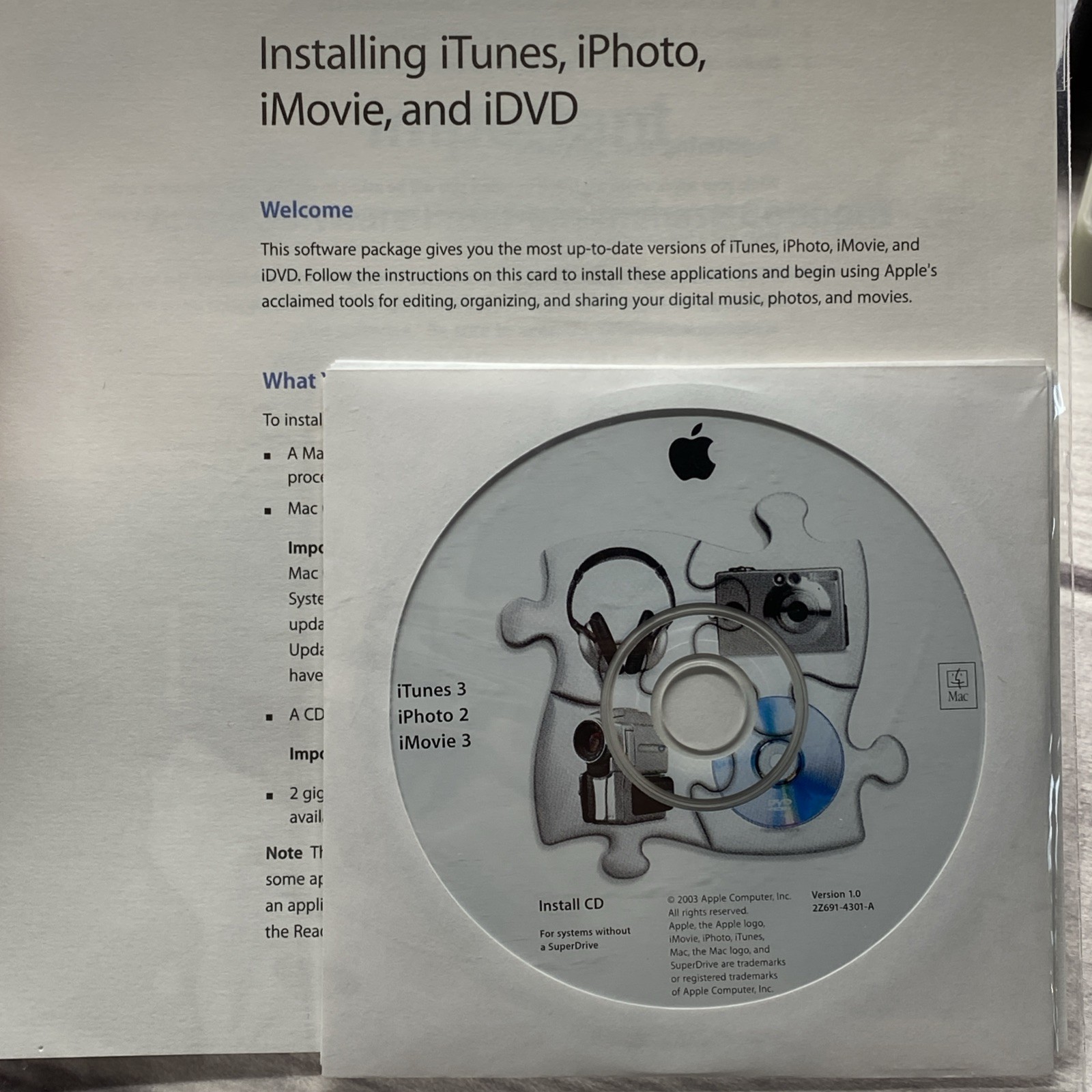 Apple - iTunes 3/iPhoto 2/iMovie 3 Installation Disc (Disc, 2003, Apple) 2z691