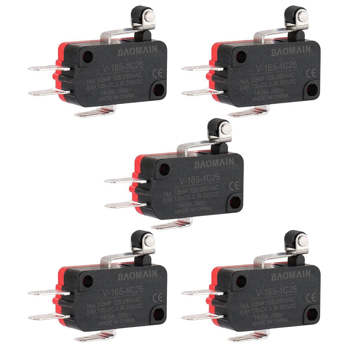 5-Pack Micro Switch SPDT Momentary Snap Action 16A 250V AC, 1NO 1NC, 3 Terminals