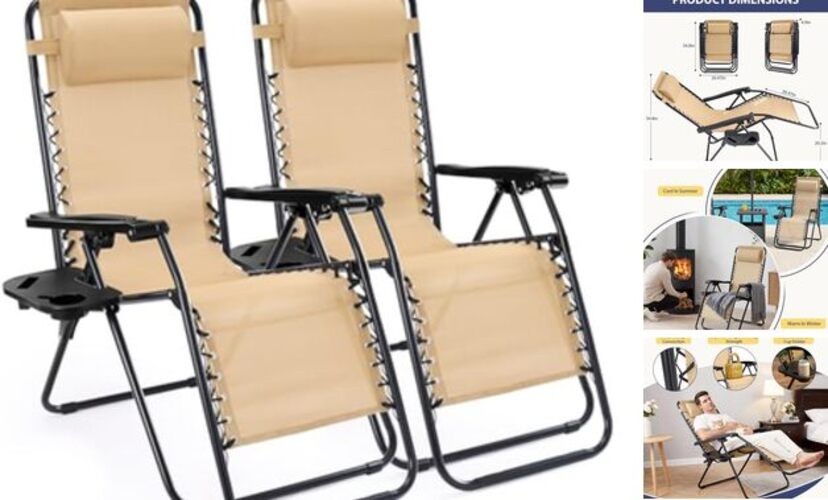 Zero Gravity Chairs, Set of 2 Portable Recliner Beach Camping Patio Khaki
